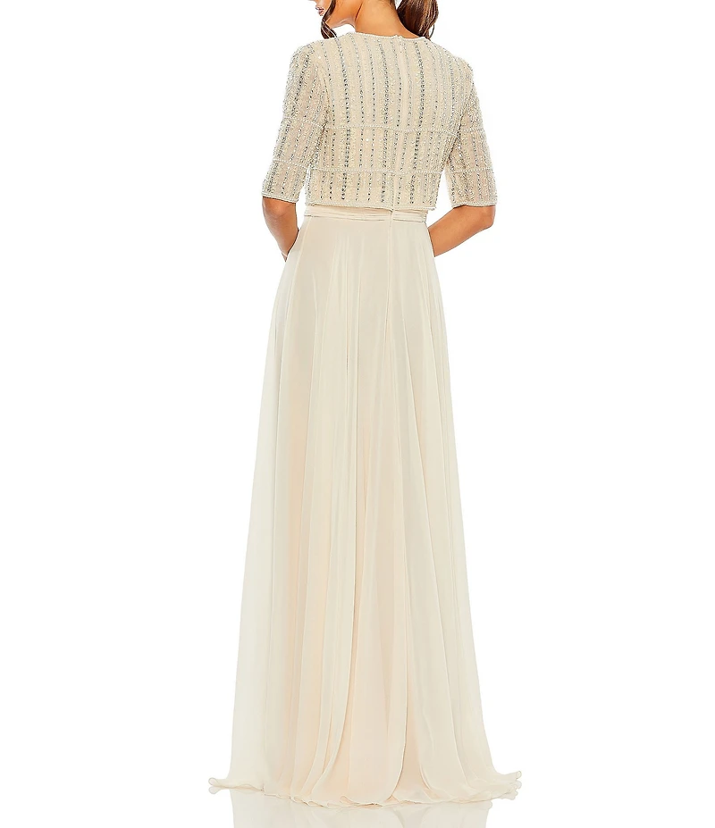Mac Duggal Crew Neck Half Sleeve Beaded Bodice A-Line Gown