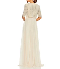 Mac Duggal Crew Neck Half Sleeve Beaded Bodice A-Line Gown