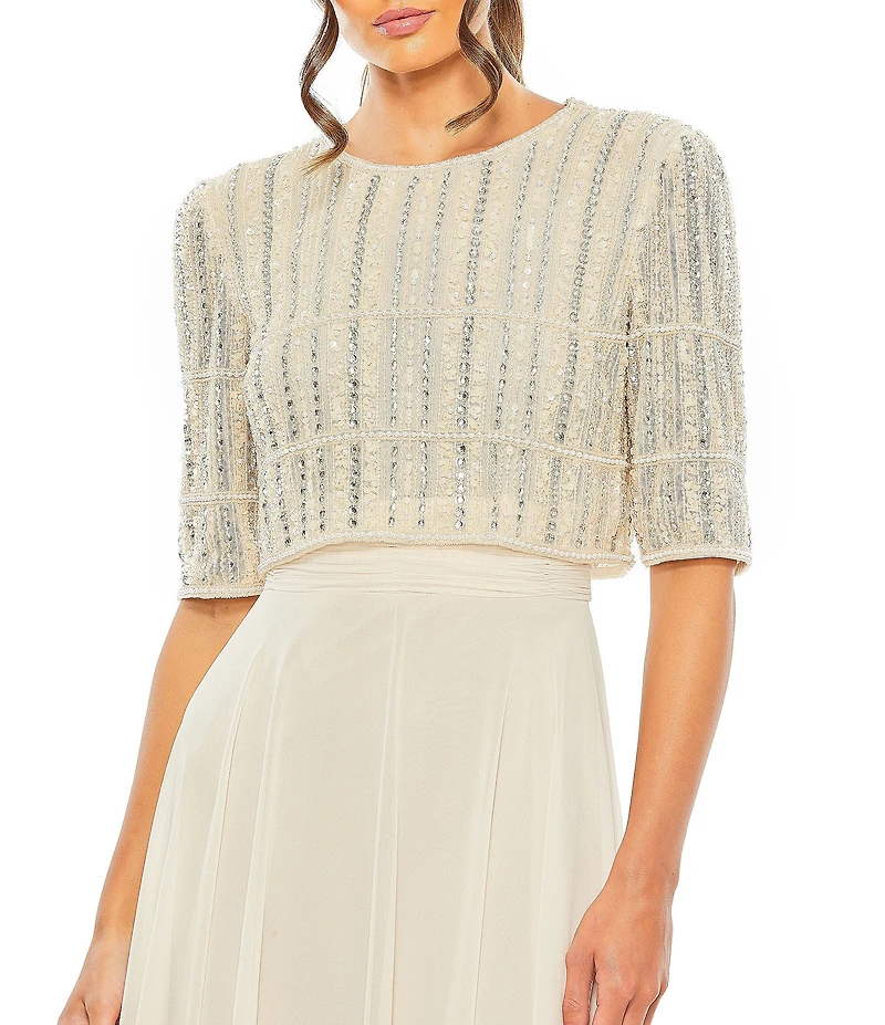 Mac Duggal Crew Neck Half Sleeve Beaded Bodice A-Line Gown