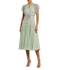 Mac Duggal Keyhole Neck Flutter Sleeve Bow Front Beaded Mesh Drop Waist Midi Dress