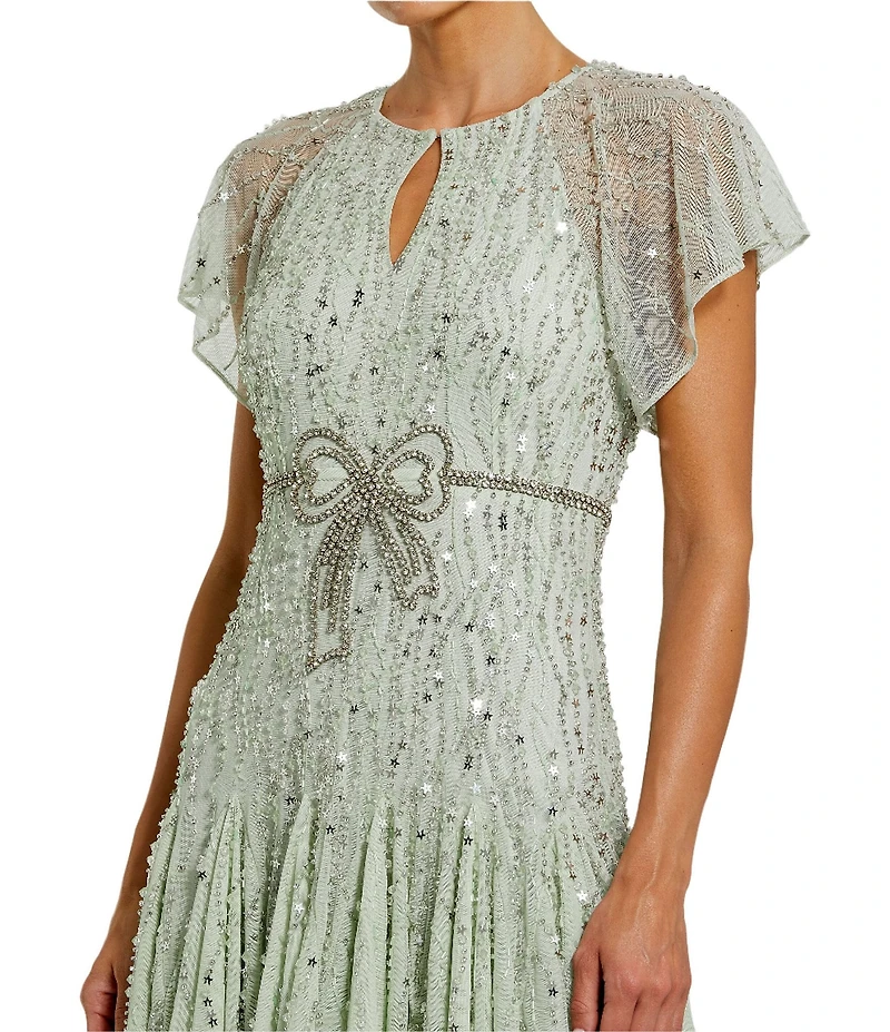 Mac Duggal Keyhole Neck Flutter Sleeve Bow Front Beaded Mesh Drop Waist Midi Dress
