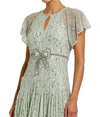 Mac Duggal Keyhole Neck Flutter Sleeve Bow Front Beaded Mesh Drop Waist Midi Dress