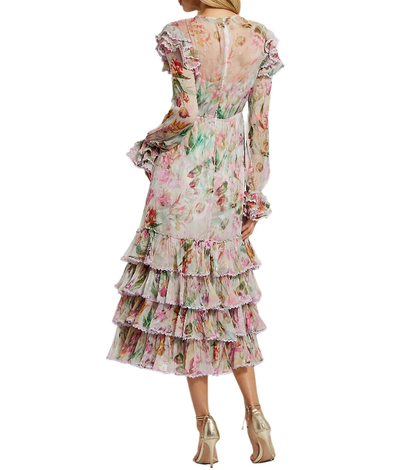 Mac Duggal Keyhole Tie Neck Long Sleeve Tiered Ruffle Printed Chiffon Midi Dress