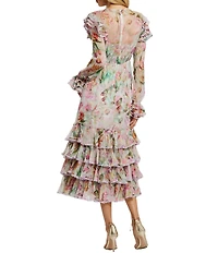 Mac Duggal Keyhole Tie Neck Long Sleeve Tiered Ruffle Printed Chiffon Midi Dress