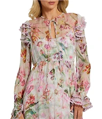 Mac Duggal Keyhole Tie Neck Long Sleeve Tiered Ruffle Printed Chiffon Midi Dress