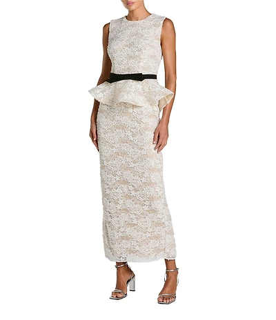 Mac Duggal Lace Crew Neck Sleeveless Belted Peplum Gown