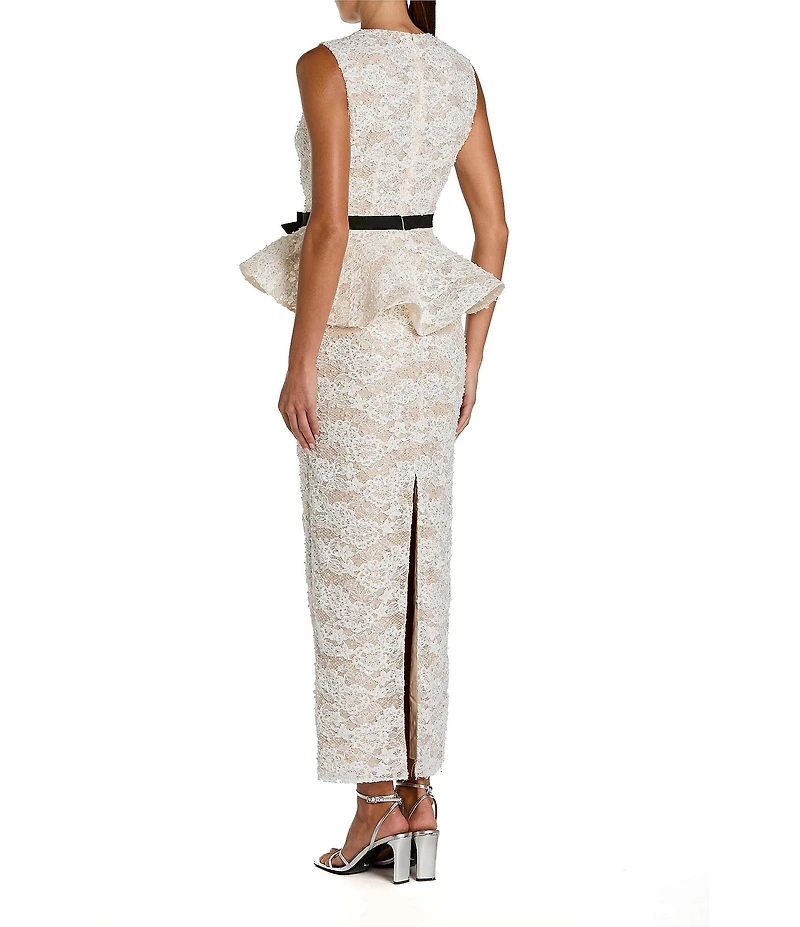 Mac Duggal Lace Crew Neck Sleeveless Belted Peplum Gown