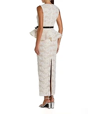 Mac Duggal Lace Crew Neck Sleeveless Belted Peplum Gown