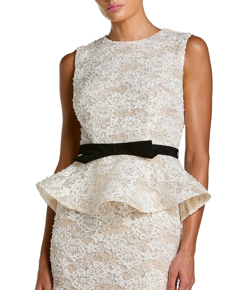 Mac Duggal Lace Crew Neck Sleeveless Belted Peplum Gown