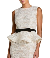 Mac Duggal Lace Crew Neck Sleeveless Belted Peplum Gown
