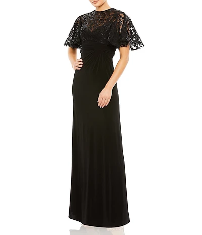 Mac Duggal Lace Embellished Flutter Sleeve A-Line Gown