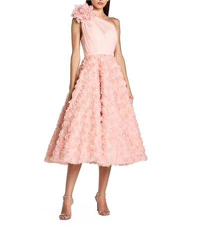 Mac Duggal Lace One Shoulder 3D Flower A-Line Midi Dress