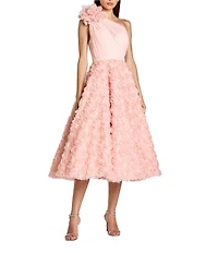 Mac Duggal Lace One Shoulder 3D Flower A-Line Midi Dress