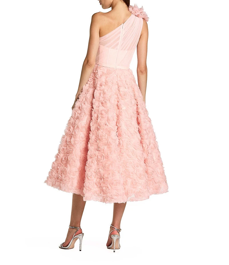 Mac Duggal Lace One Shoulder 3D Flower A-Line Midi Dress