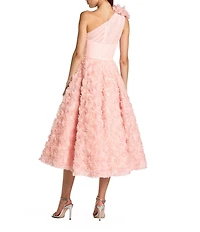 Mac Duggal Lace One Shoulder 3D Flower A-Line Midi Dress