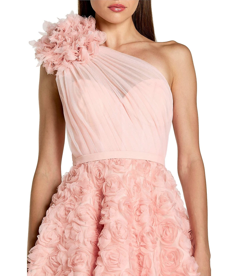 Mac Duggal Lace One Shoulder 3D Flower A-Line Midi Dress