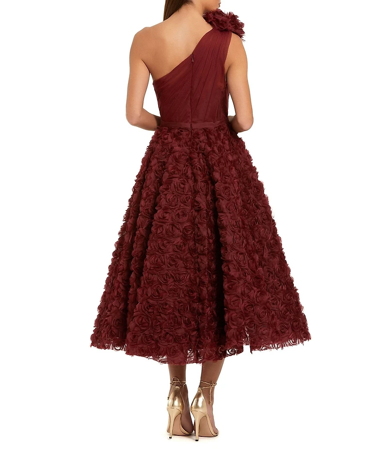 Mac Duggal Lace One Shoulder 3D Flower A-Line Midi Dress