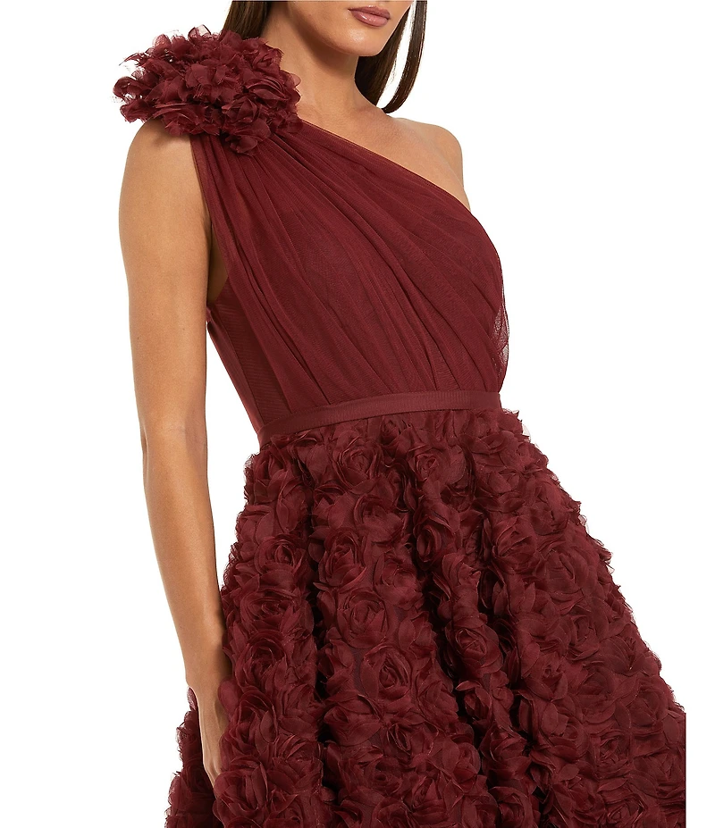 Mac Duggal Lace One Shoulder 3D Flower A-Line Midi Dress
