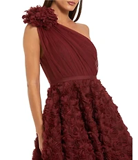 Mac Duggal Lace One Shoulder 3D Flower A-Line Midi Dress