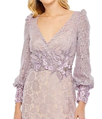 Mac Duggal Lace Overlay Jewel Encrusted Floral Surplice V-Neck Balloon Sleeve Column Mermaid Gown