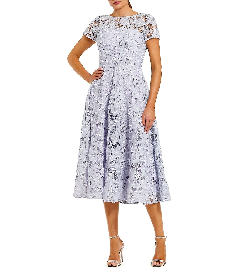 Mac Duggal Lace Short Sleeve A Line Midi Dress With Bow
