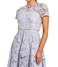 Mac Duggal Lace Short Sleeve A Line Midi Dress With Bow