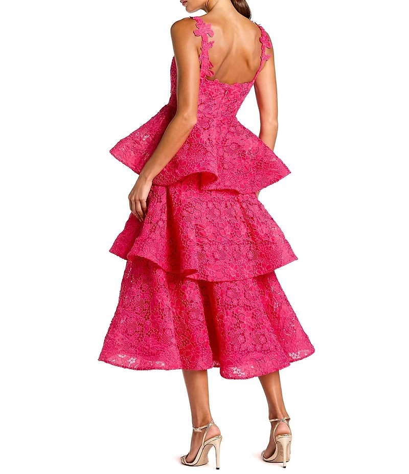 Mac Duggal Lace Sleeveless Square Neck Ruffle Tiered Midi Dress