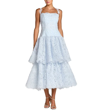 Mac Duggal Lace Square Neck Sleeveless Ruffle Tiered Midi Dress