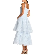 Mac Duggal Lace Square Neck Sleeveless Ruffle Tiered Midi Dress