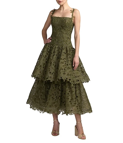 Mac Duggal Lace Square Neck Sleeveless Ruffle Tiered Midi Dress