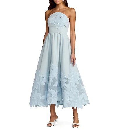 Mac Duggal Lace Strapless A Line Midi Dress With 3D Flowers