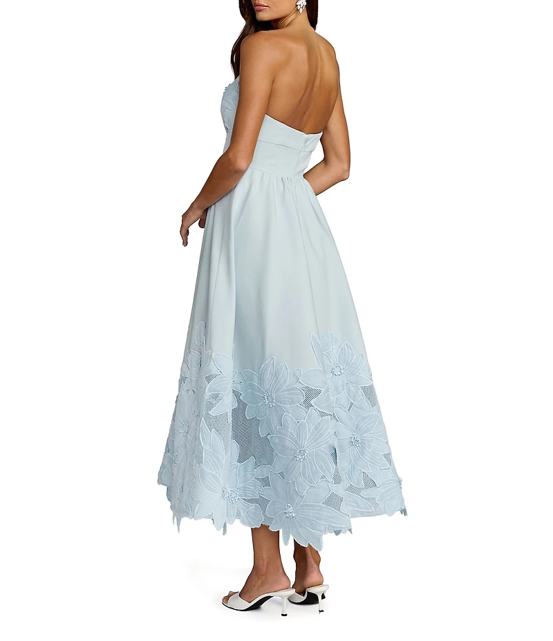 Mac Duggal Lace Strapless A Line Midi Dress With 3D Flowers