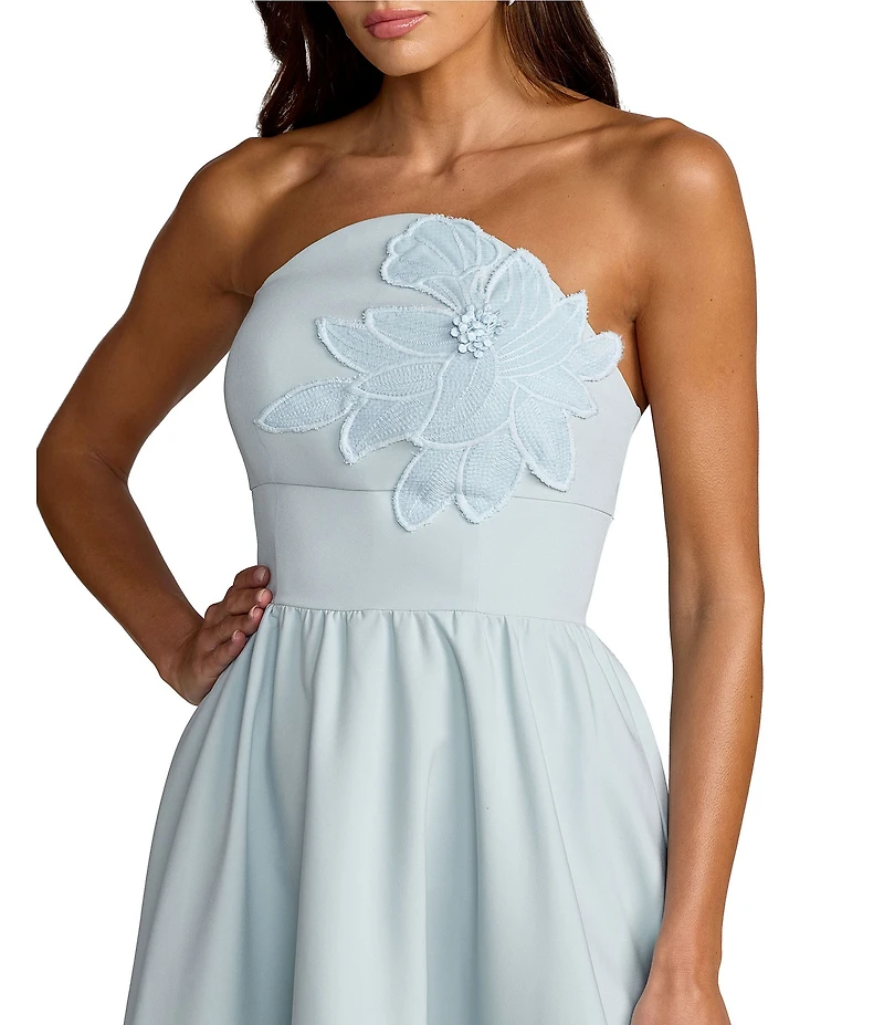 Mac Duggal Lace Strapless A Line Midi Dress With 3D Flowers