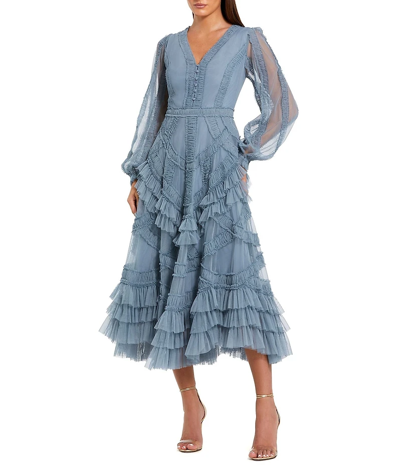 Mac Duggal Long Balloon Illusion Sleeve V-Neck Ruffle Tier Midi Dress