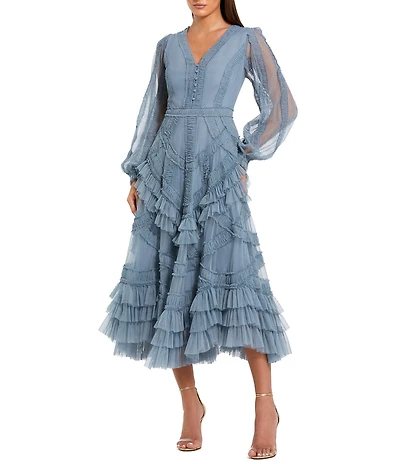 Mac Duggal Long Balloon Illusion Sleeve V-Neck Ruffle Tier Midi Dress