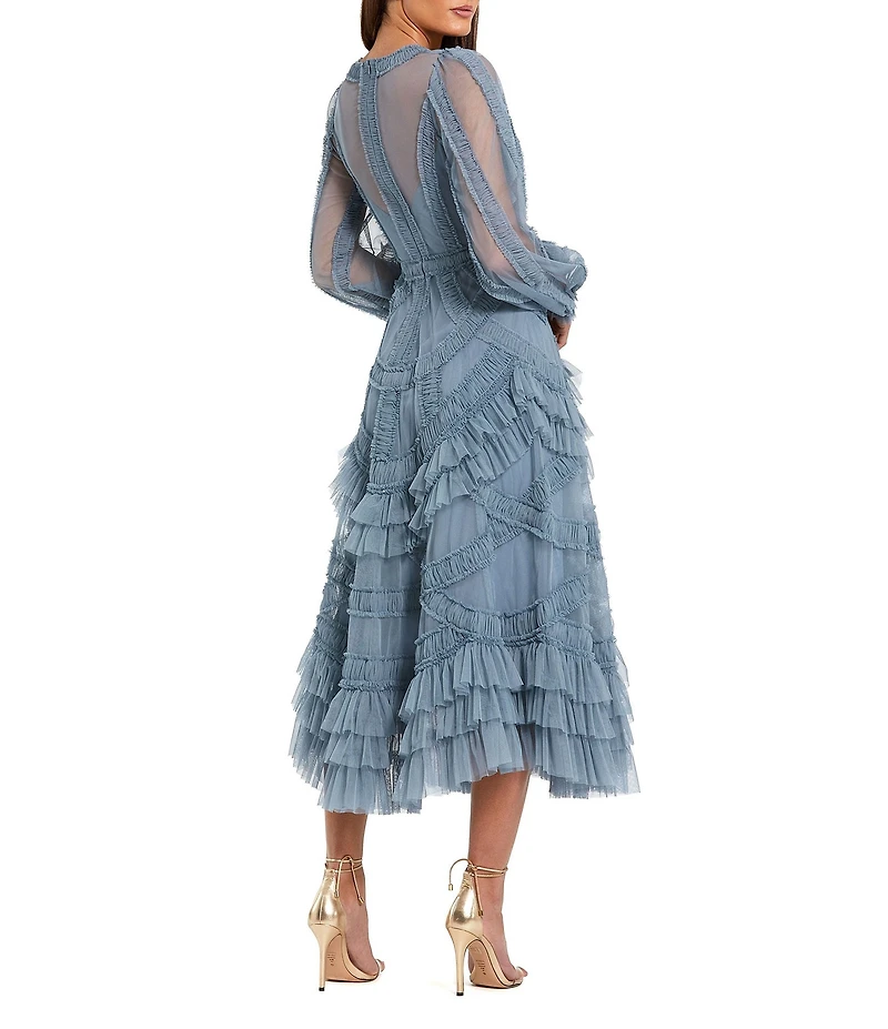 Mac Duggal Long Balloon Illusion Sleeve V-Neck Ruffle Tier Midi Dress