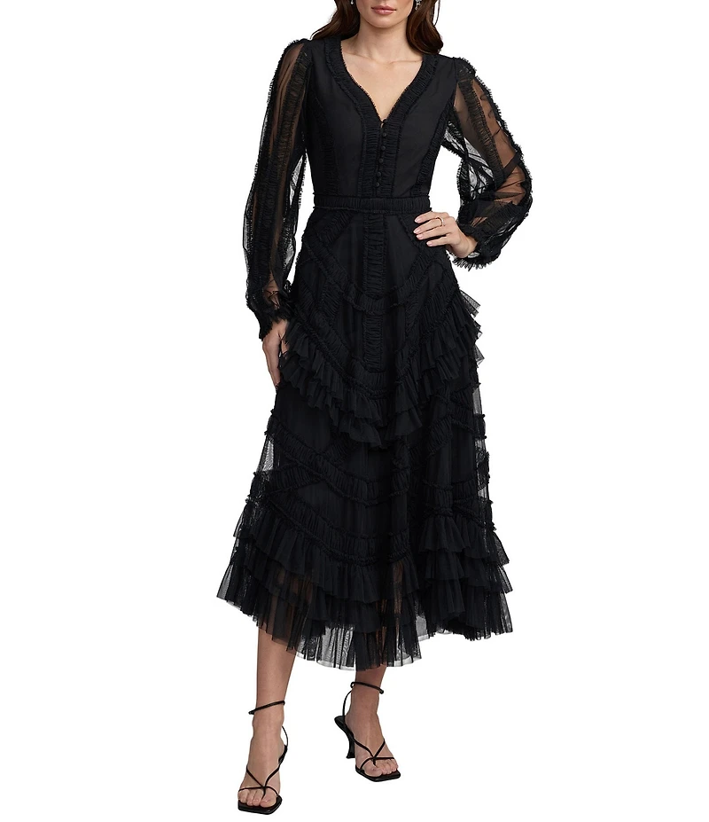 Mac Duggal Long Balloon Illusion Sleeve V-Neck Ruffle Tier Midi Dress