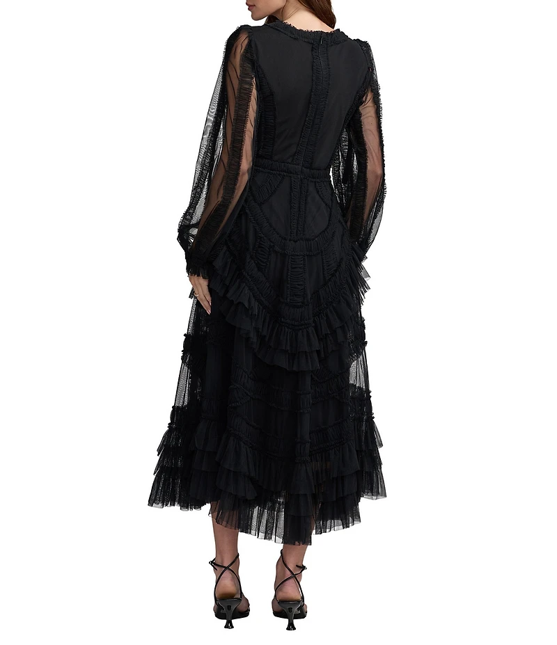 Mac Duggal Long Balloon Illusion Sleeve V-Neck Ruffle Tier Midi Dress
