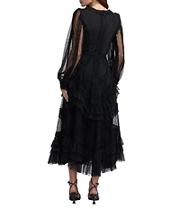 Mac Duggal Long Balloon Illusion Sleeve V-Neck Ruffle Tier Midi Dress