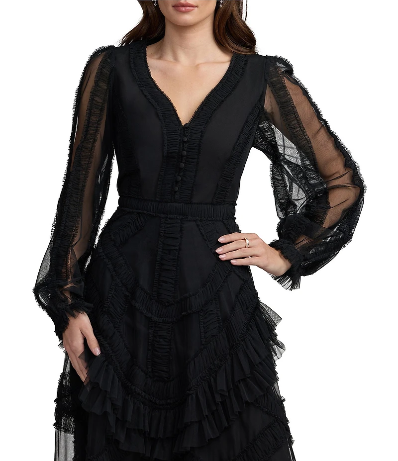 Mac Duggal Long Balloon Illusion Sleeve V-Neck Ruffle Tier Midi Dress