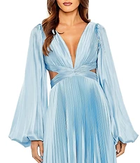 Mac Duggal Long Balloon Sleeve Side Cut-Out Pleated Deep V-Neck Satin A-Line Gown