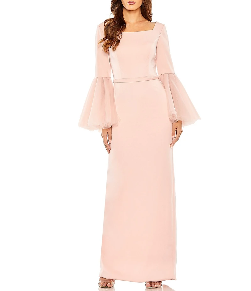 Mac Duggal Long Flounce Sleeve Square Neck Sheath Gown