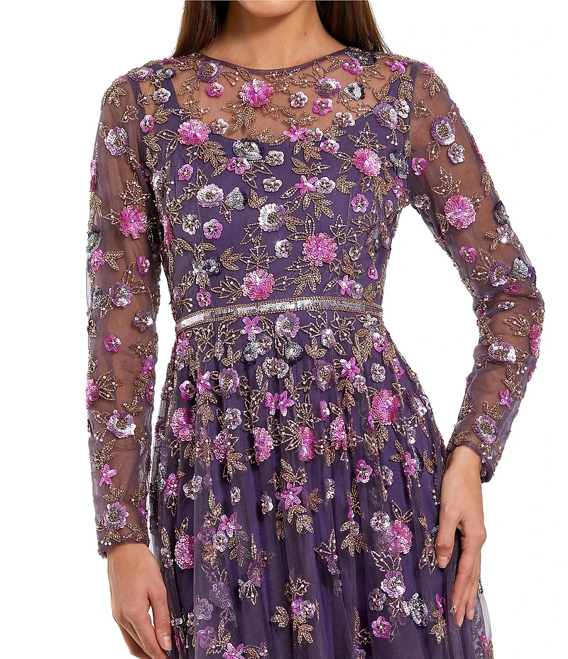 Mac Duggal Floral Beaded Mesh Long Illusion Sleeve A Line Gown