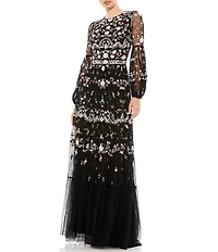 Mac Duggal Long Sheer Sleeve Crew Neck Floral Print Embroidered Tiered A-Line Gown