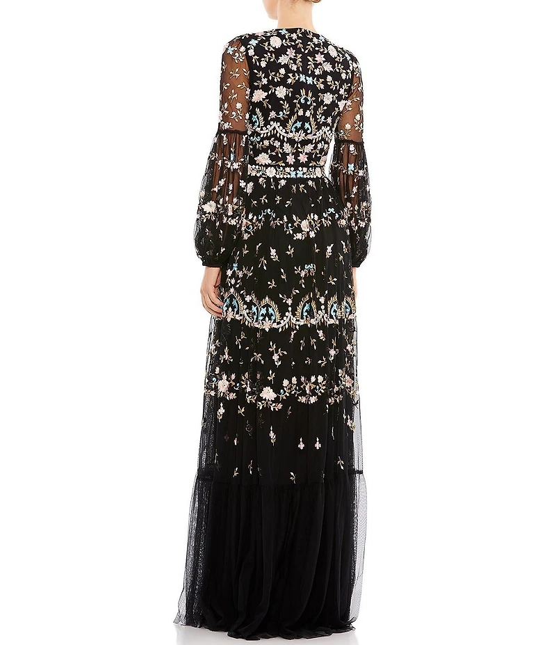 Mac Duggal Long Sheer Sleeve Crew Neck Floral Print Embroidered Tiered A-Line Gown