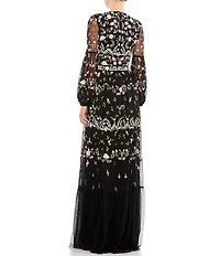 Mac Duggal Long Sheer Sleeve Crew Neck Floral Print Embroidered Tiered A-Line Gown