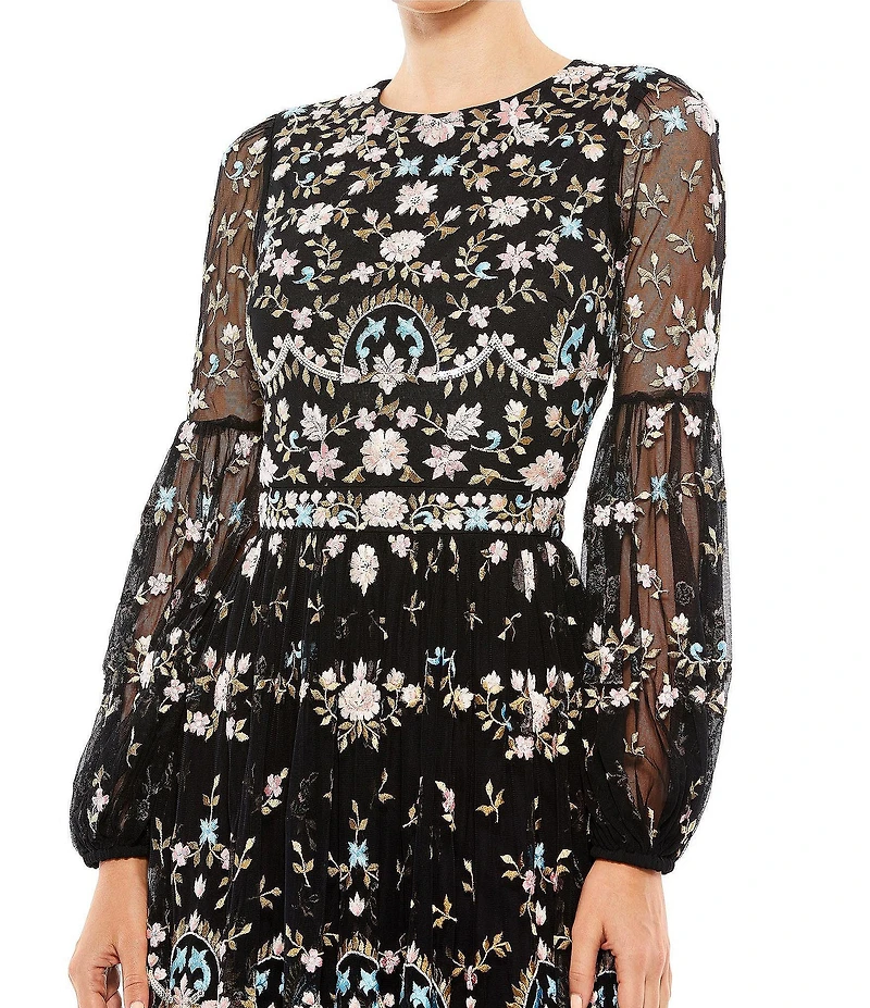 Mac Duggal Long Sheer Sleeve Crew Neck Floral Print Embroidered Tiered A-Line Gown