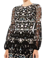 Mac Duggal Long Sheer Sleeve Crew Neck Floral Print Embroidered Tiered A-Line Gown