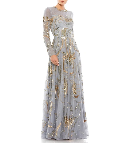 Mac Duggal Long Sleeve A-Line Crew Neck Lined Beaded Gown