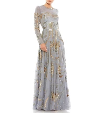 Mac Duggal Long Sleeve A-Line Crew Neck Lined Beaded Gown
